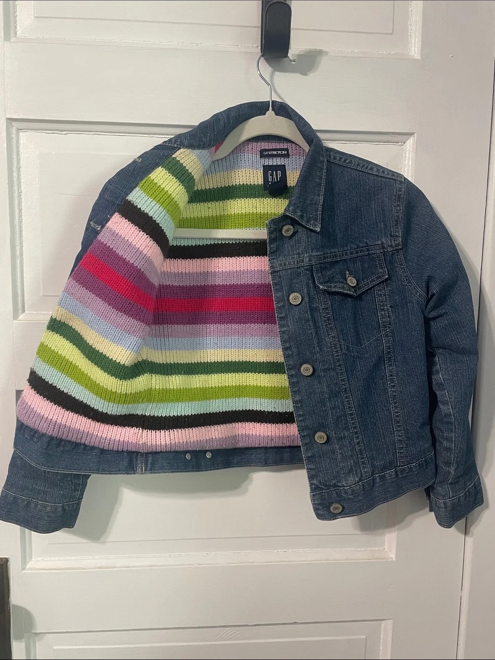 GAP Kids Medium Blue Denim Jacket with Multicolor Striped Liner